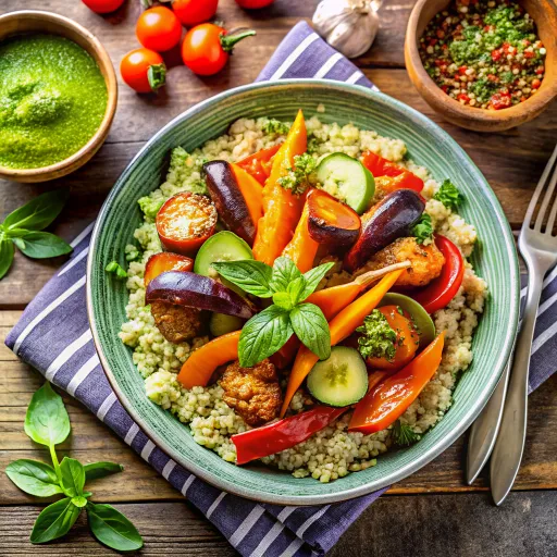 Ensalada de Quinoa y Verduras Asadas con Aderezo de Limón y Aguacate