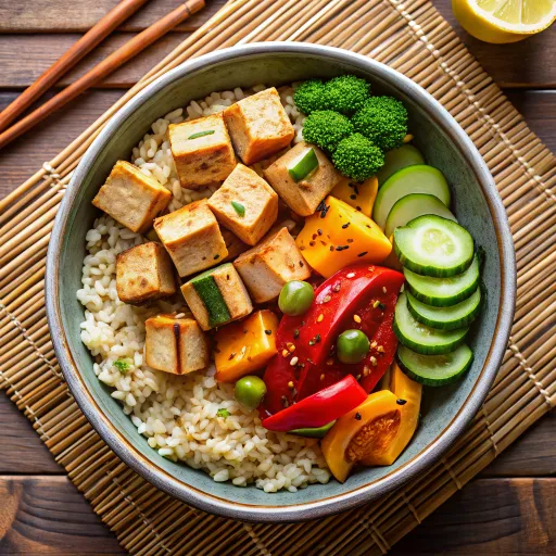 Bowl de Arroz Integral con Tofu Marinado y Vegetales al Vapor